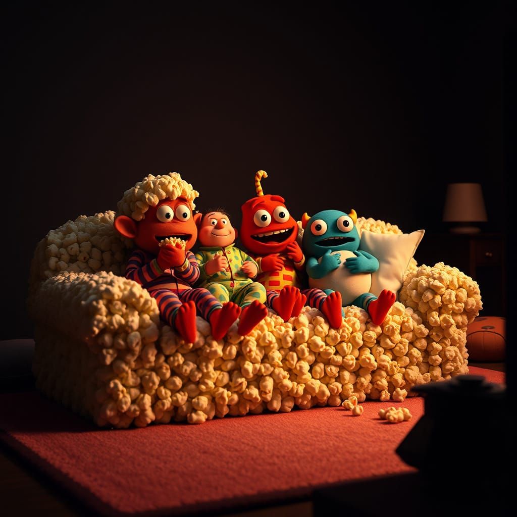 Cartoon Monsters' Cozy Popcorn Movie Night