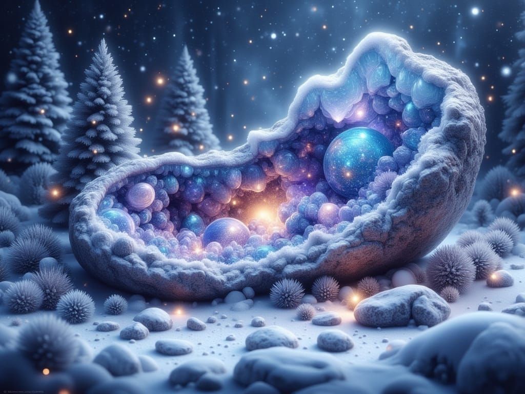 Ethereal Geode in Snowy Christmas Landscape