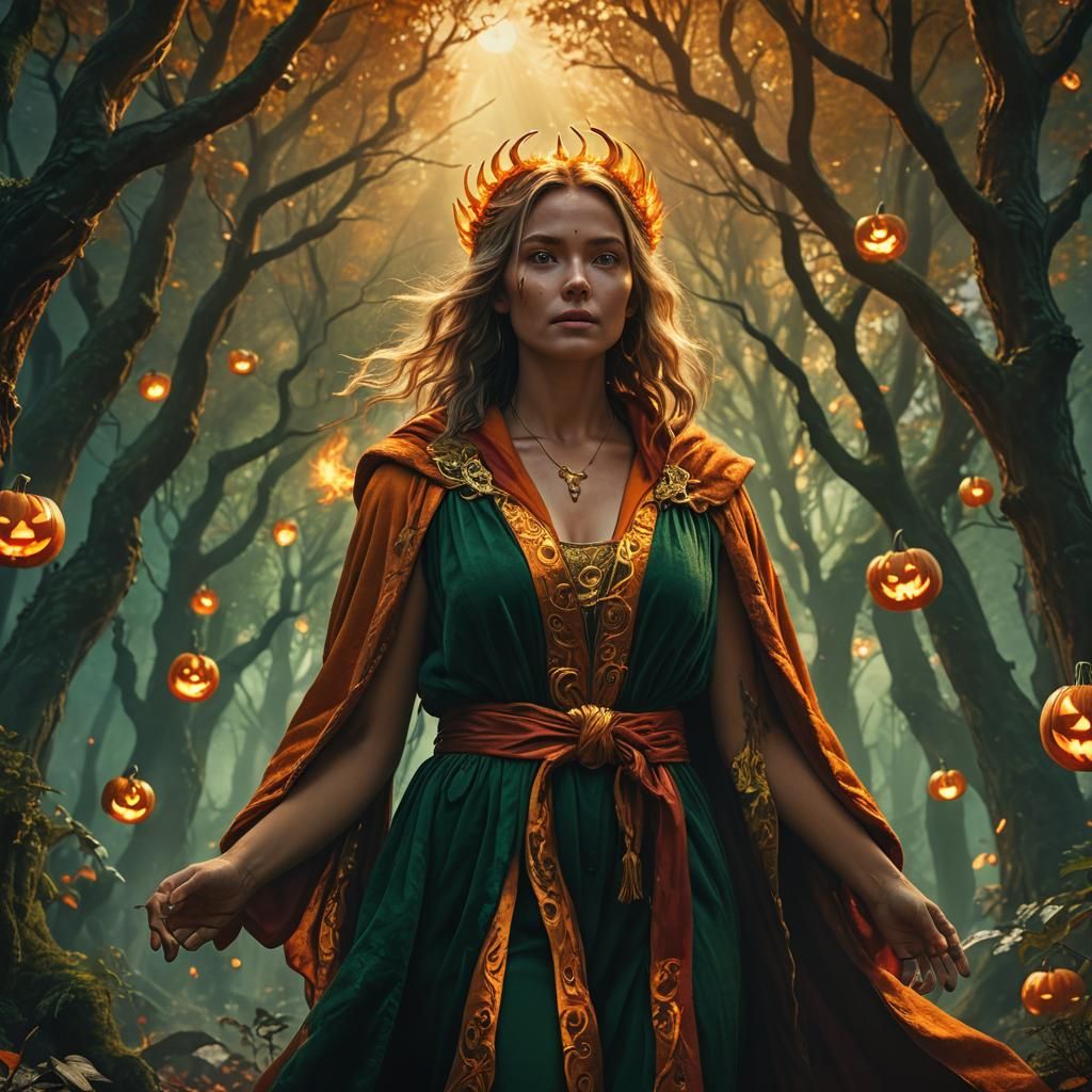 Mystical Forest Woman in Flaming Pumpkin Robe