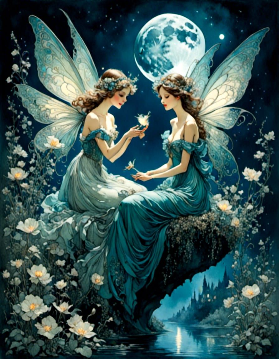 Fairy Girlfriends in Moonlight: Romantic Watercolor