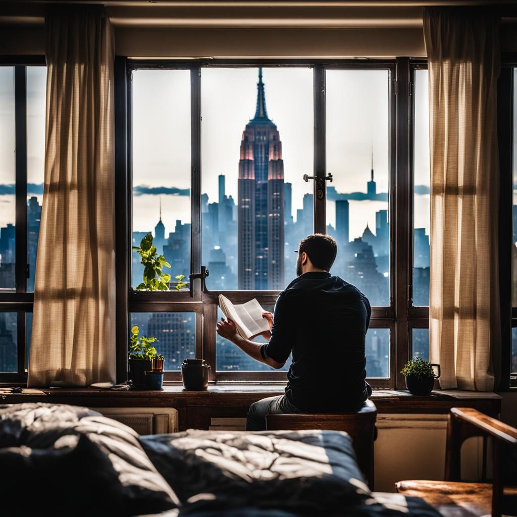 Man Reading with Empire State Building View