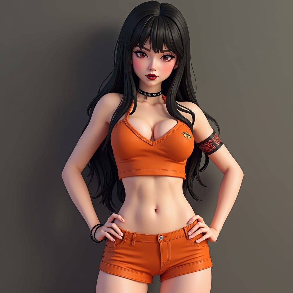 Goth Woman in Hooters Uniform: Anime-Inspired 3D Art