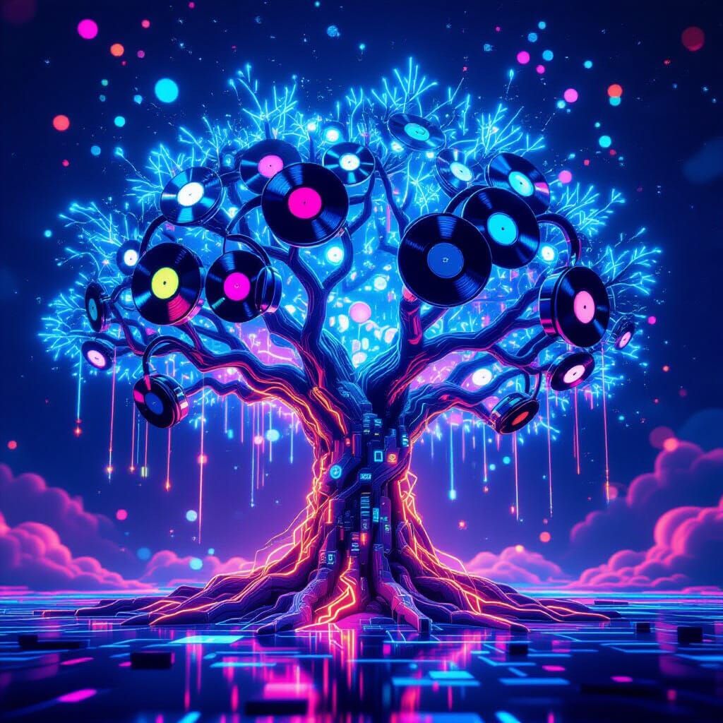 Bioluminescent Music Tree with Cyberpunk Vaporwave Elements