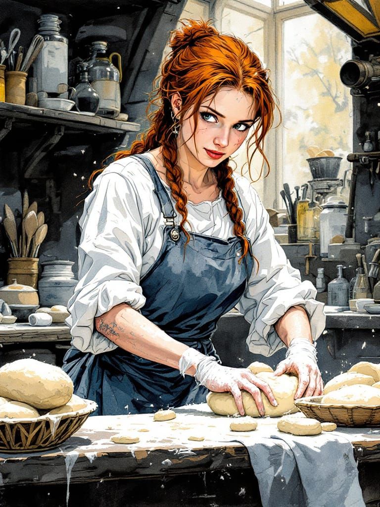 Redhead Baker Kneading Dough in Blueprint Kitchen