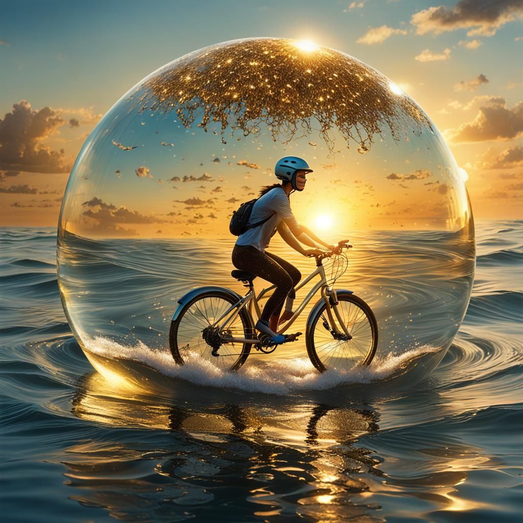 Woman in Golden Orb Biking on Ocean