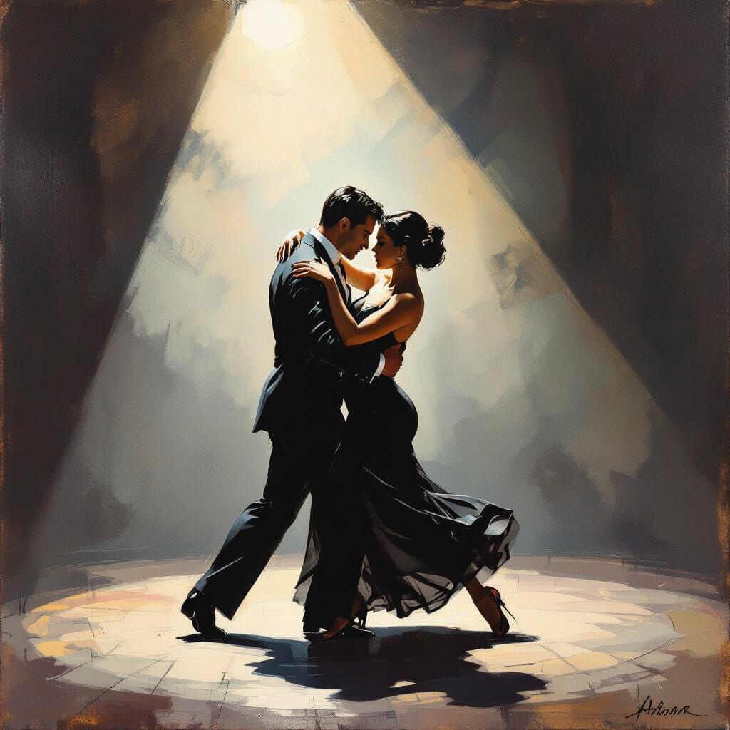 Passionate Tango Dancers on Spotlight Stage in Oil Painting ...