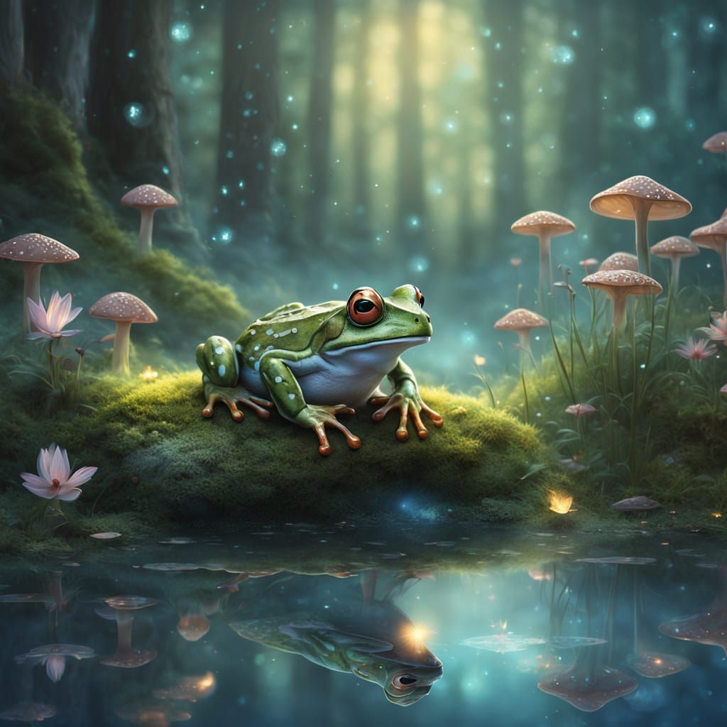 Whimsical Frog in Misty Forest Glade