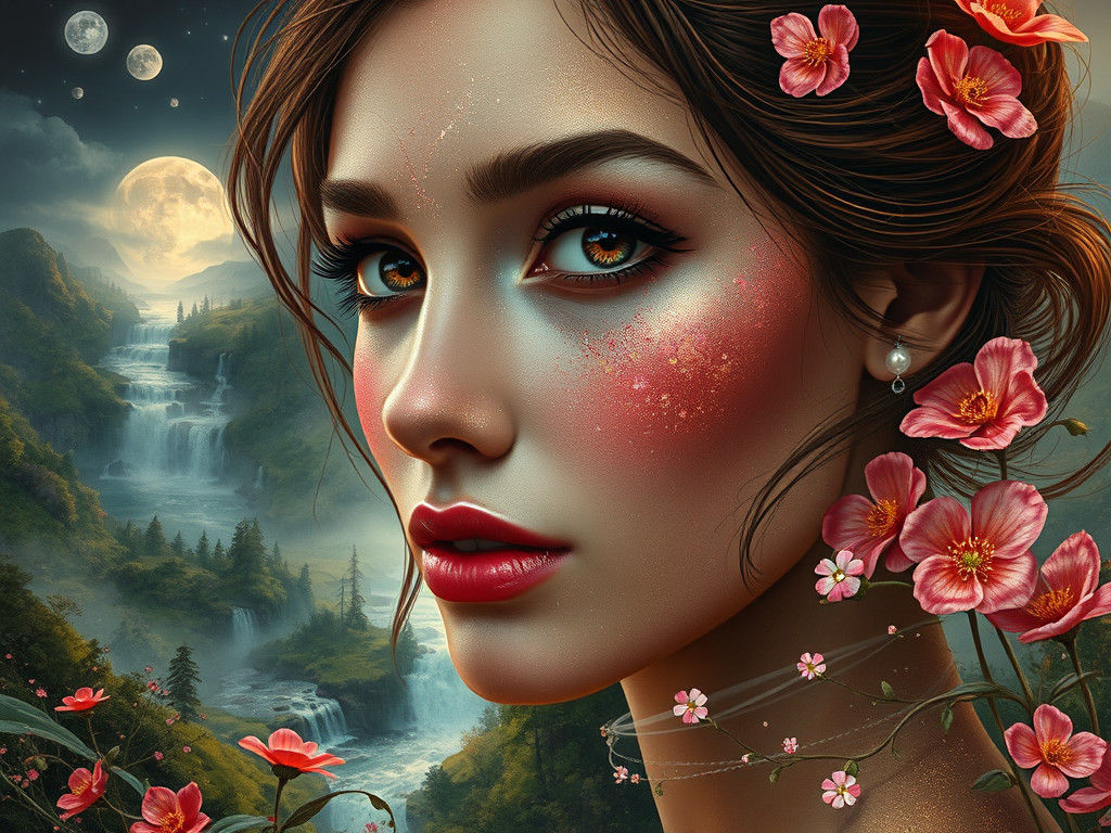 Ethereal Woman Portrait in Moonlit Landscape as Oil Painting