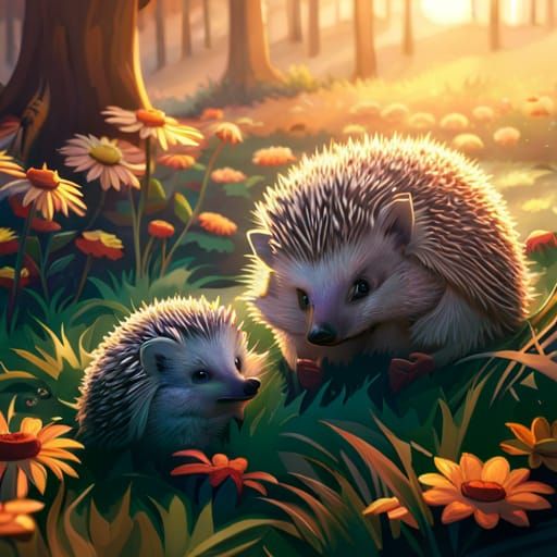 Cheerful Hedgehogs Embrace: Art Nouveau Concept Art
