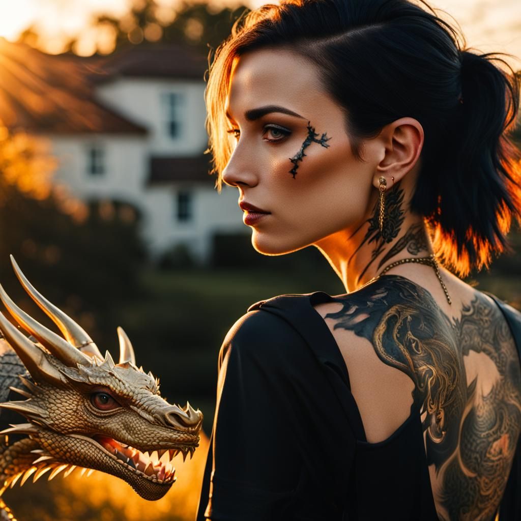 Girl with Dragon Tattoo in Golden Hour Lighting