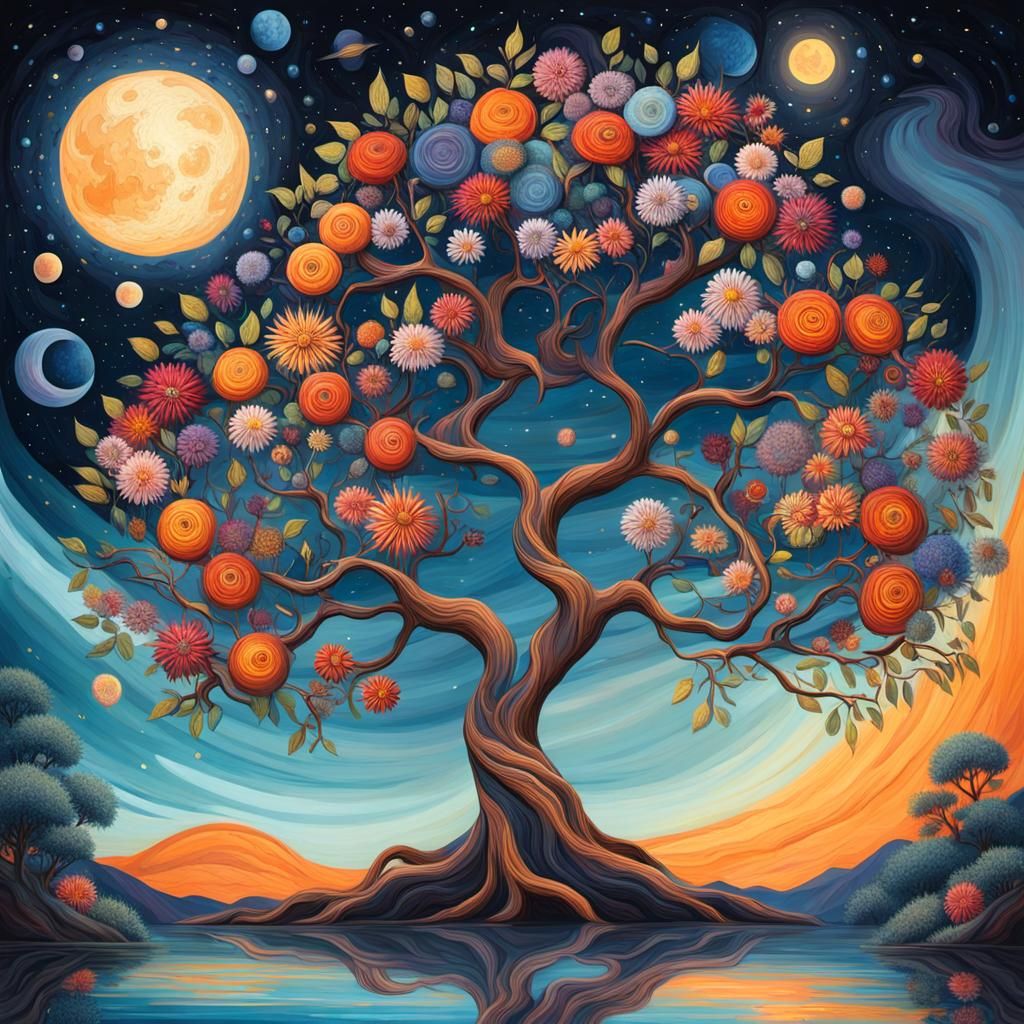 Whimsical Tree of Life Under Starry Skies
