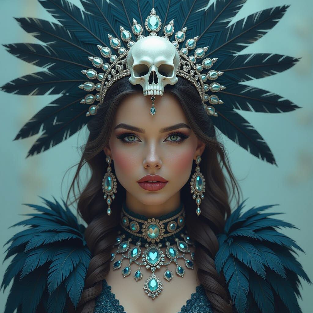 Woman in Feathered Attire with Diamond Skull Headdress