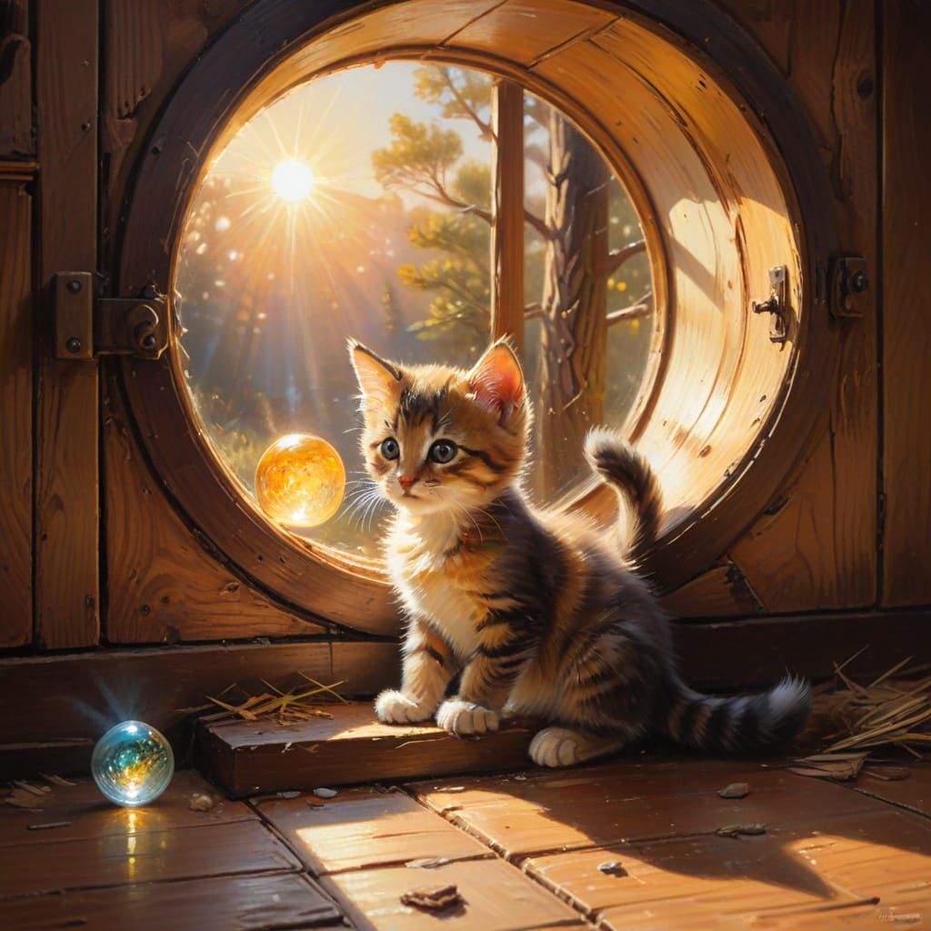 Kitten Plays with Glowing Orb in Cozy Cabin, Impressionist S...
