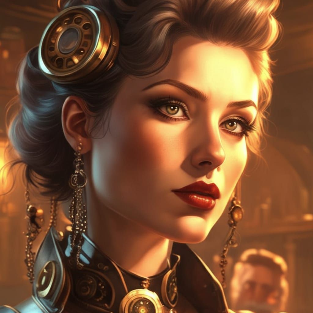 Steampunk Gynoid Bartender in Smoky Tavern