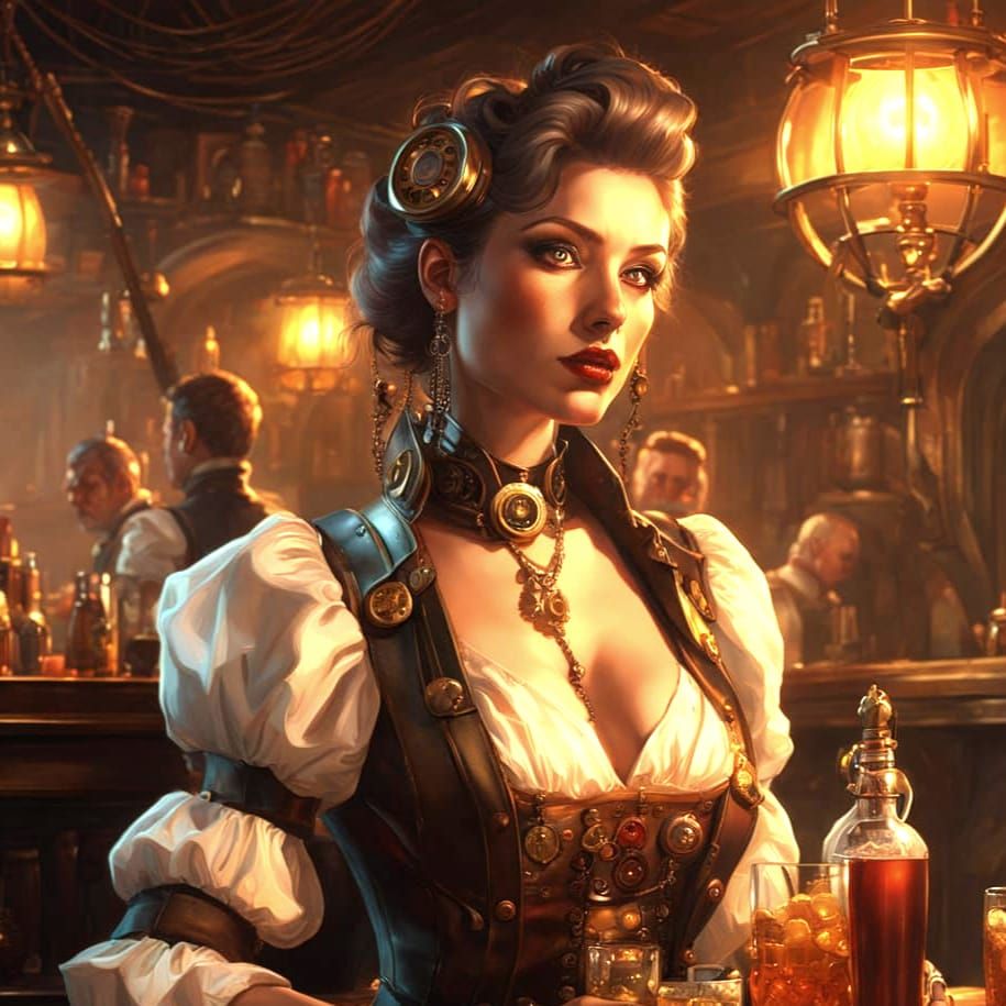 Steampunk Gynoid Bartender in Smoky Tavern