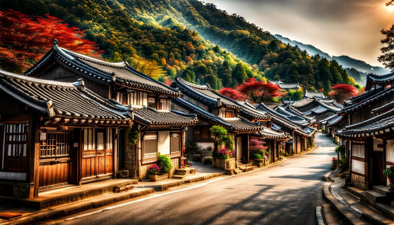 Picturesque South Korean Village in Hyperrealistic Detail