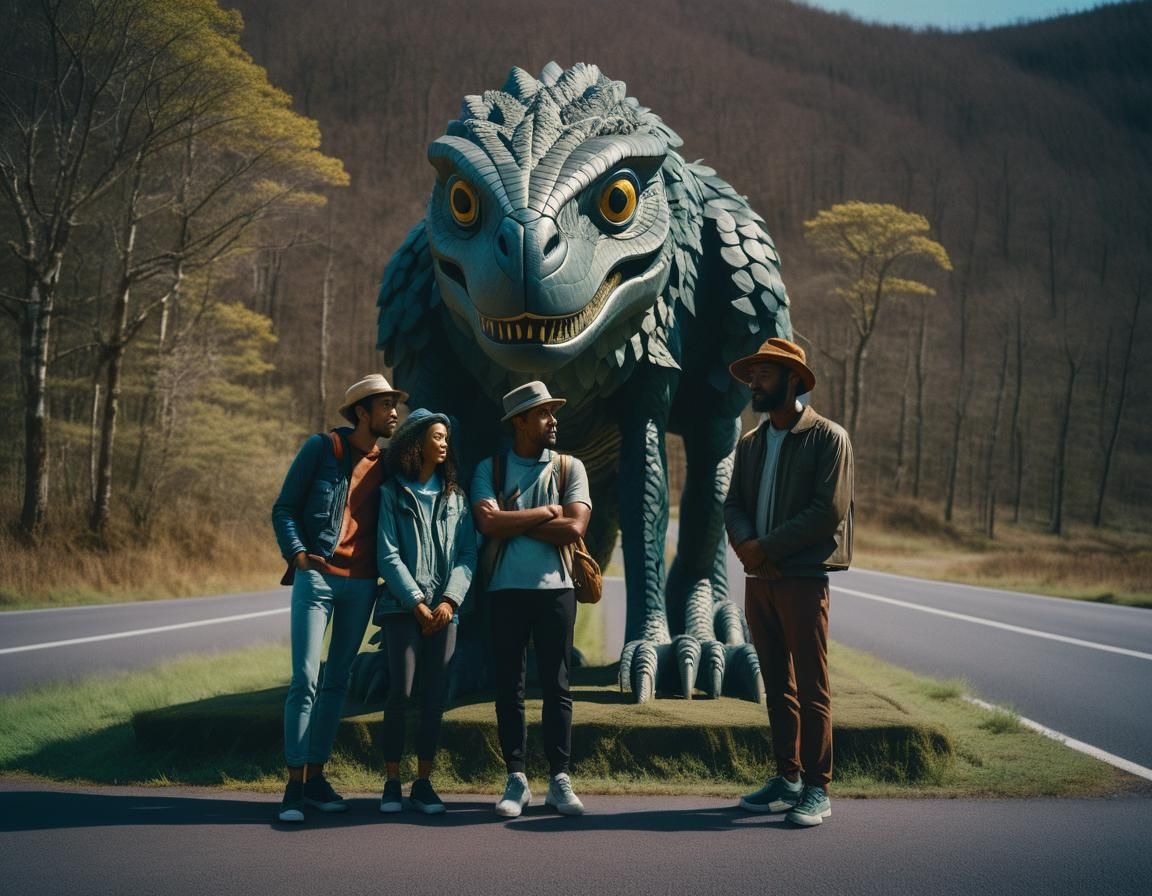 Travelers and Quirky Roadside Sculpture: Cinematic Film Stil...