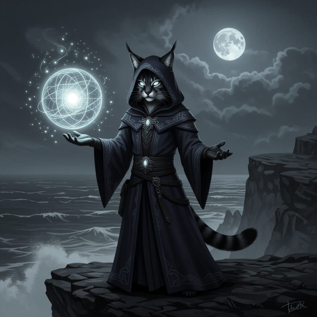 Dark Fantasy Bobcat with Celestial Map on Cliff