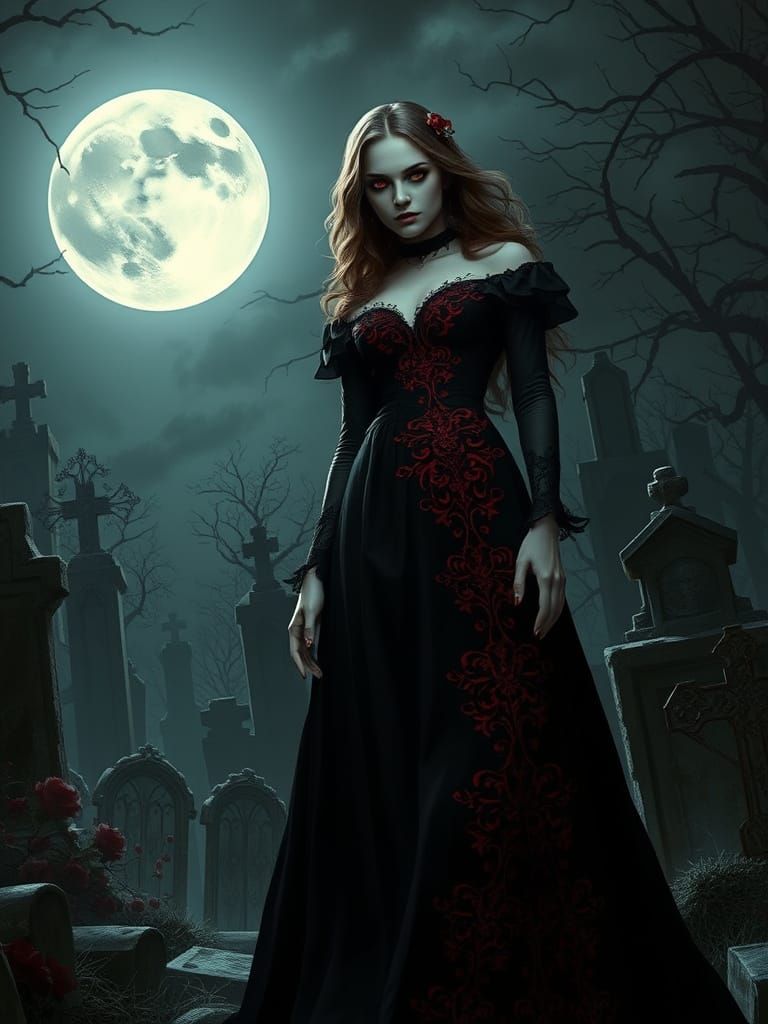 Gothic Vampire in Cemetery Under Full Moon