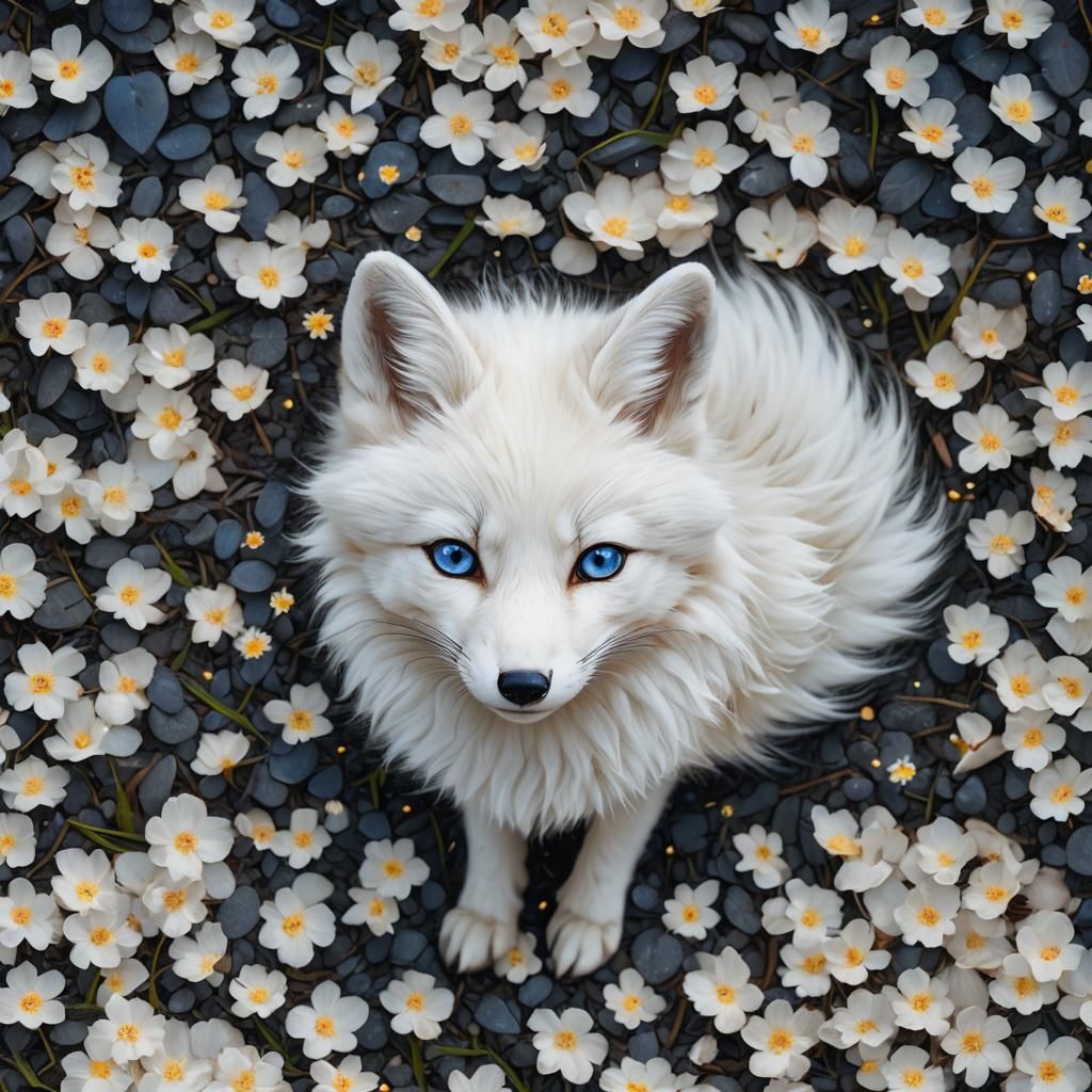 Adorable White Fox with Fireflies in Digital Art