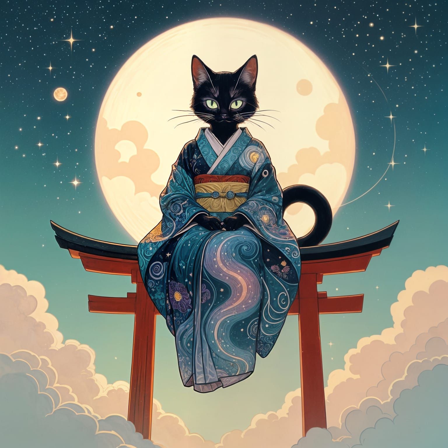 Bakeneko on Torii Gate Amidst Bioluminescent City