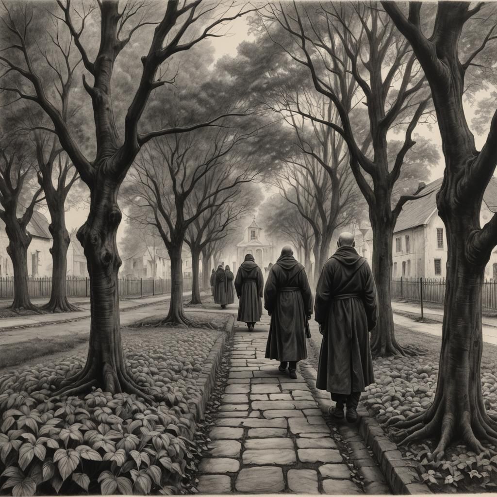 Hyperdetailed Charcoal Drawing of Autumn Convent Scene