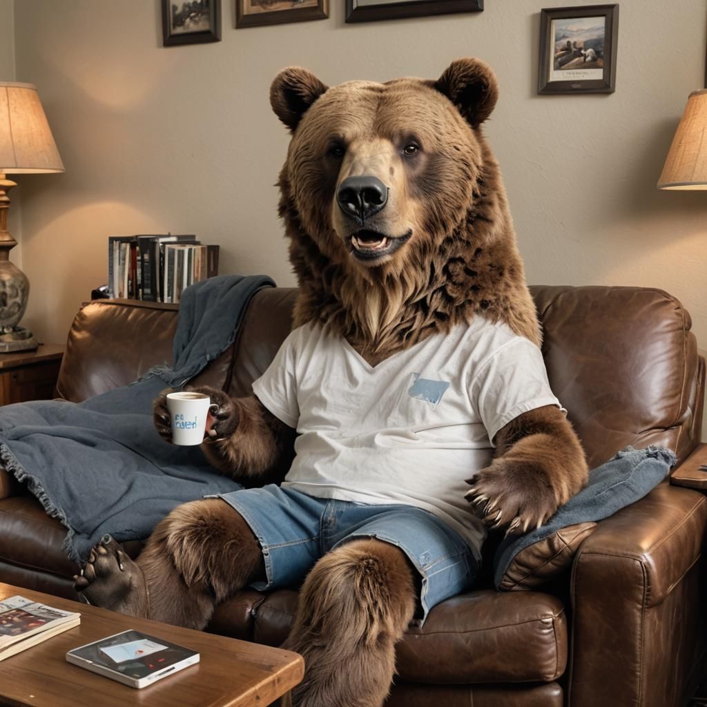 Photorealistic Bear Watching TV on Couch