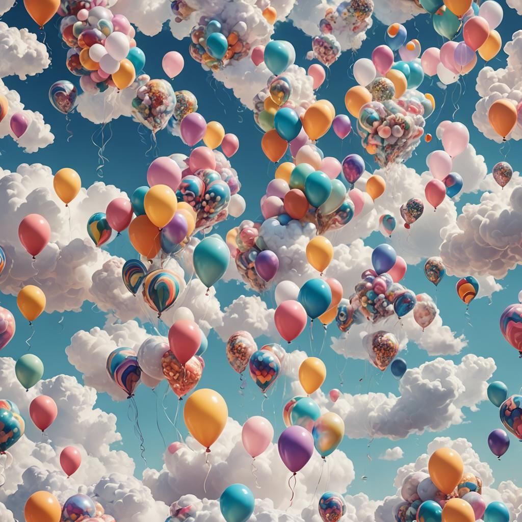 Colorful Balloons Float in Dreamy Fantasy Scene