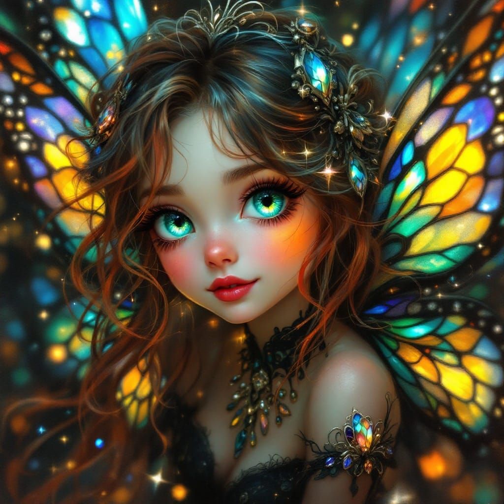 Whimsical Oil Painting of a Mischievous Butterfly Girl with...