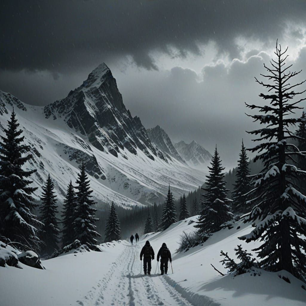 Yeti Pursues Figures Down Snowy Mountain Peak