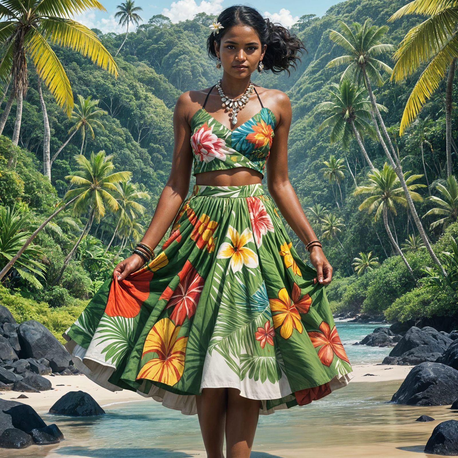 Fijian Woman in Traditional Dress on Tropical Island