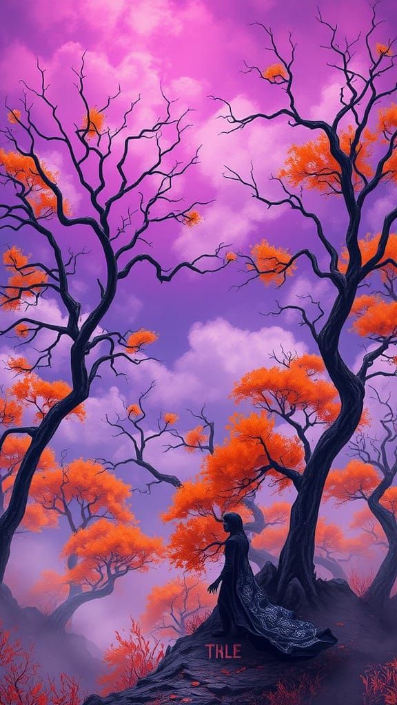 Surreal Landscape with Twisted Trees and Vibrant Colors