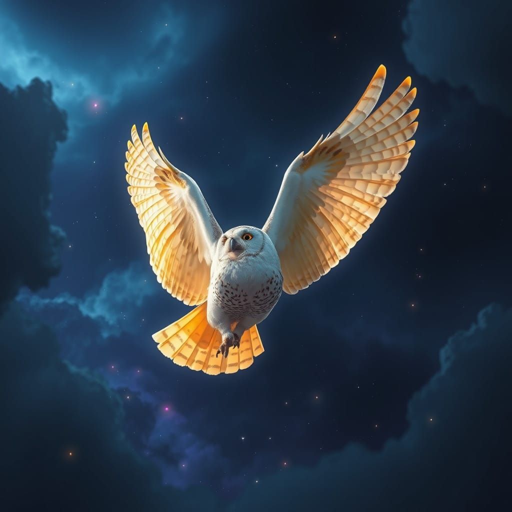 Majestic Golden Owl Soars in a Celestial Aurora Night