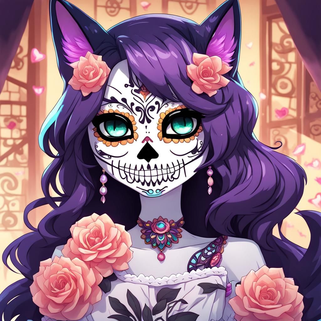 Sugar Skull Cat in Anime Style