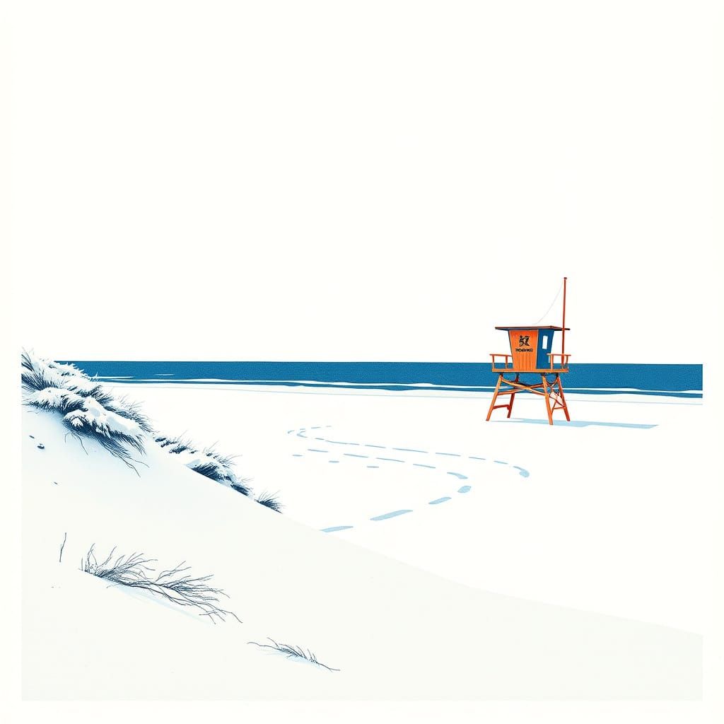 "A winter beach scene with dunes covered in frost, a lifeguard tower standing alone, depicted in minimalist Japanese uki...