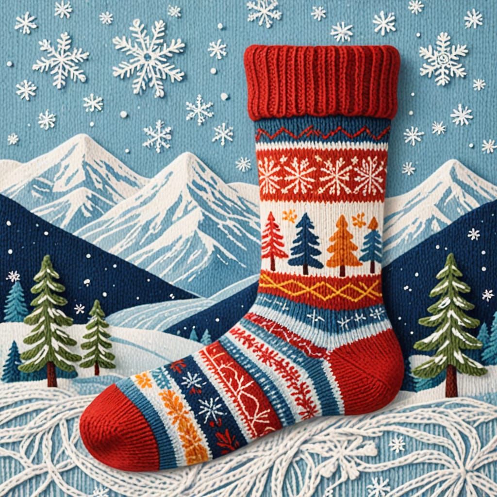 "A detailed landscape scene fully made of traditional Finnish wool sock knitting patterns such as stripes, snowflakes, a...