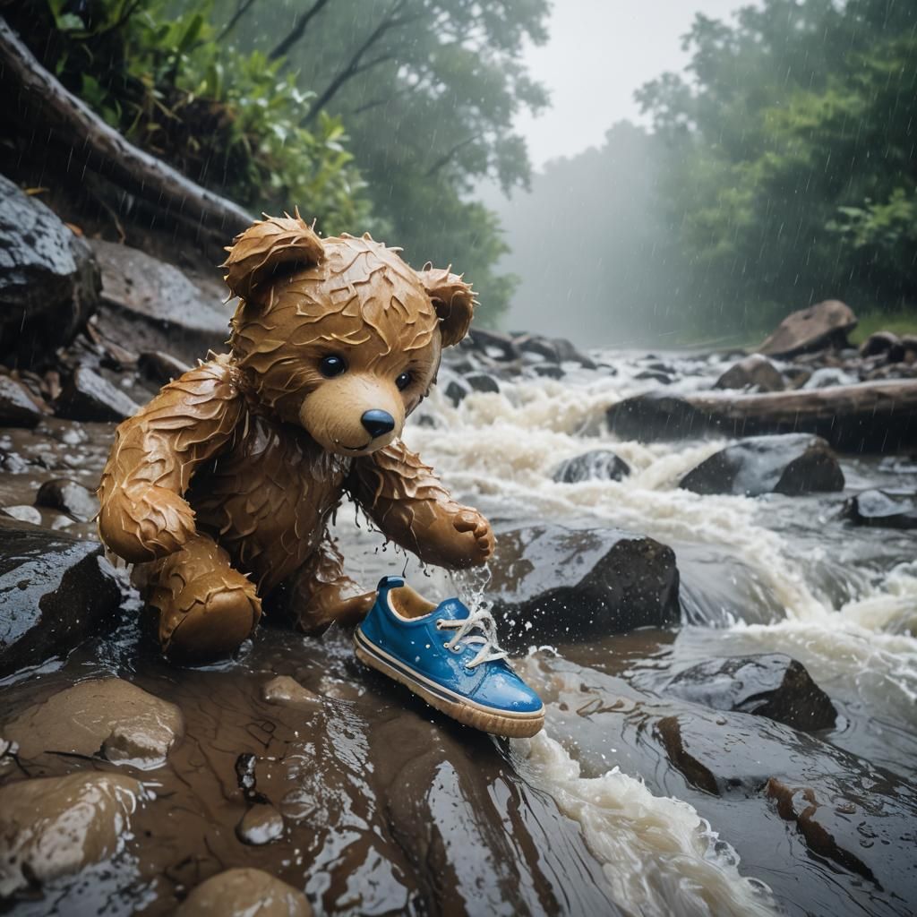 Teddy Bear Rescues Shoe in Rainstorm