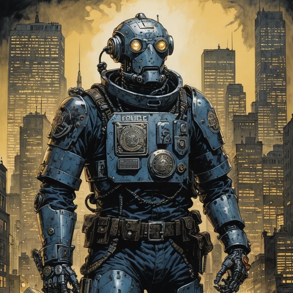 Sinister Police Robot Assassin in Dark City