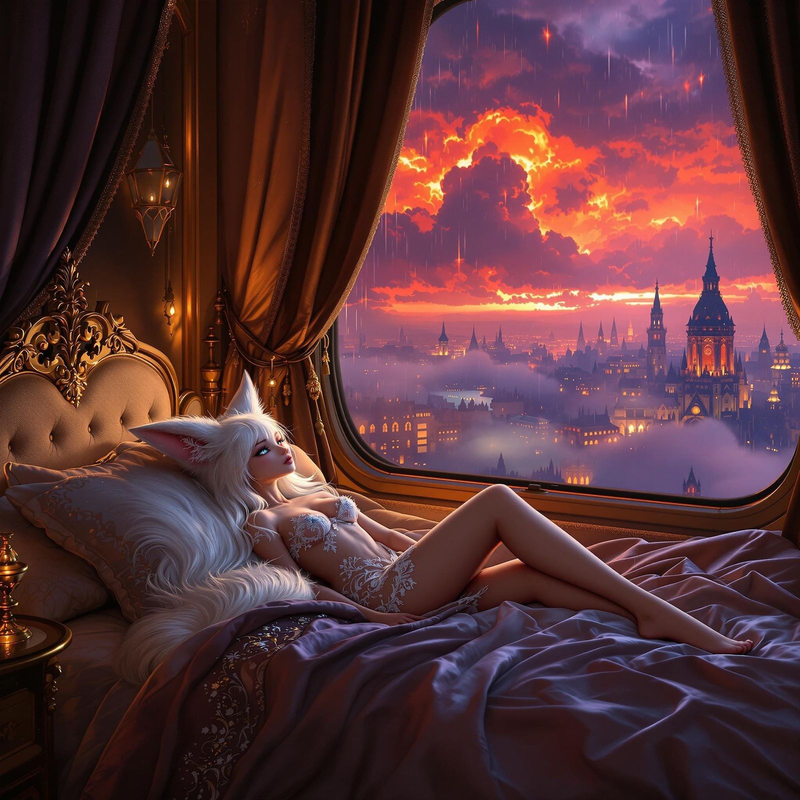 Surreal Fox Girl Dreams in Luxurious Zeppelin Bedroom