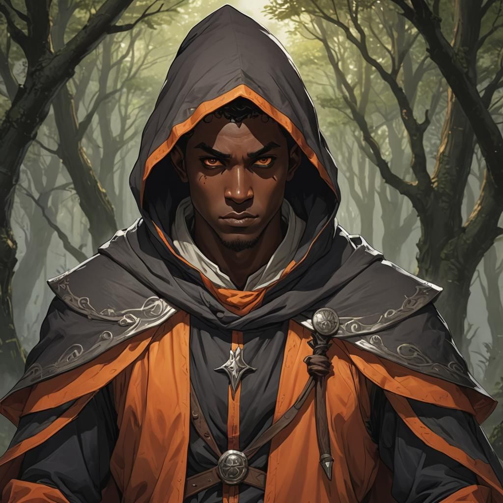 Elf Warlock with Orange Robe in Anime Style