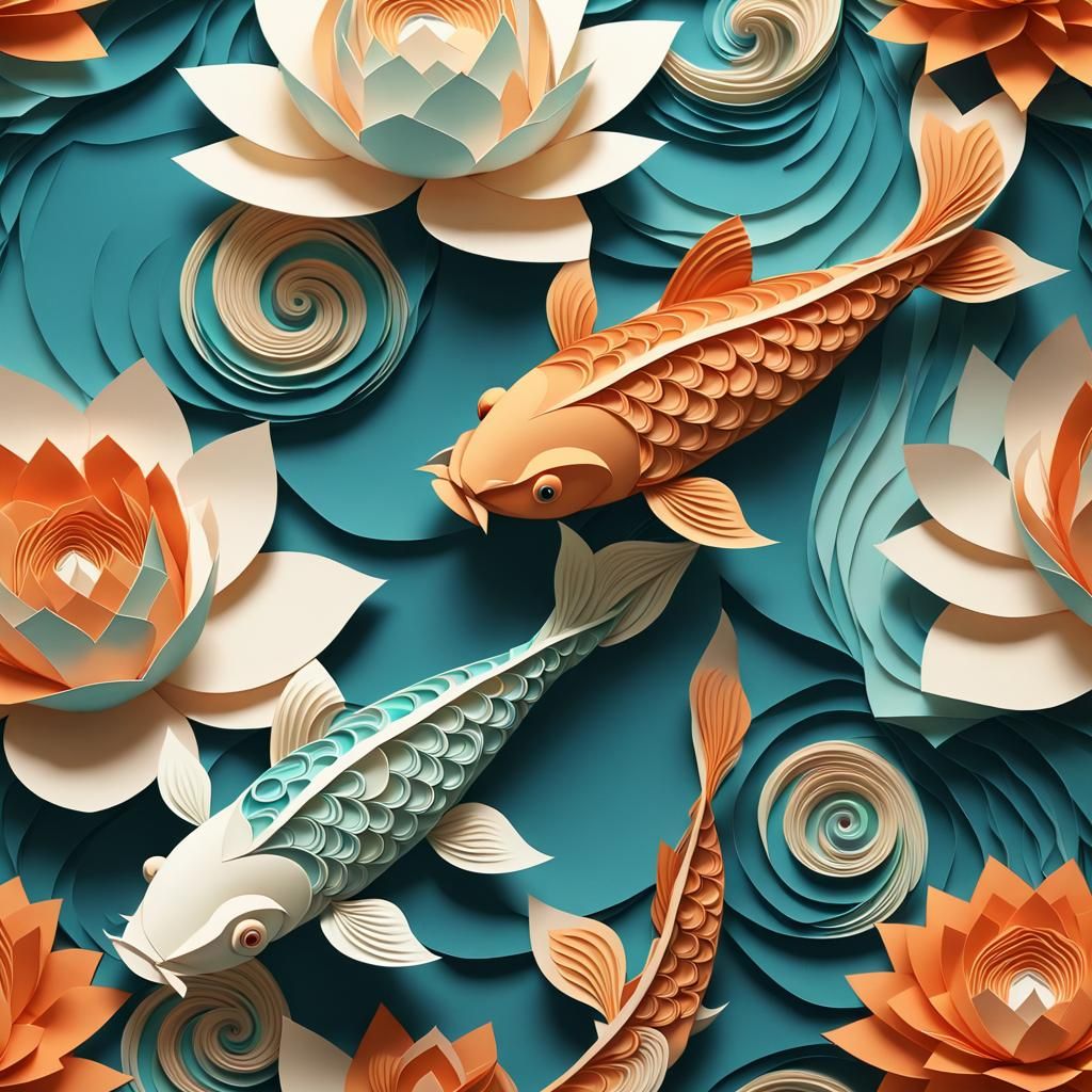 Paper Koi Fractal Design in Cream and Teal