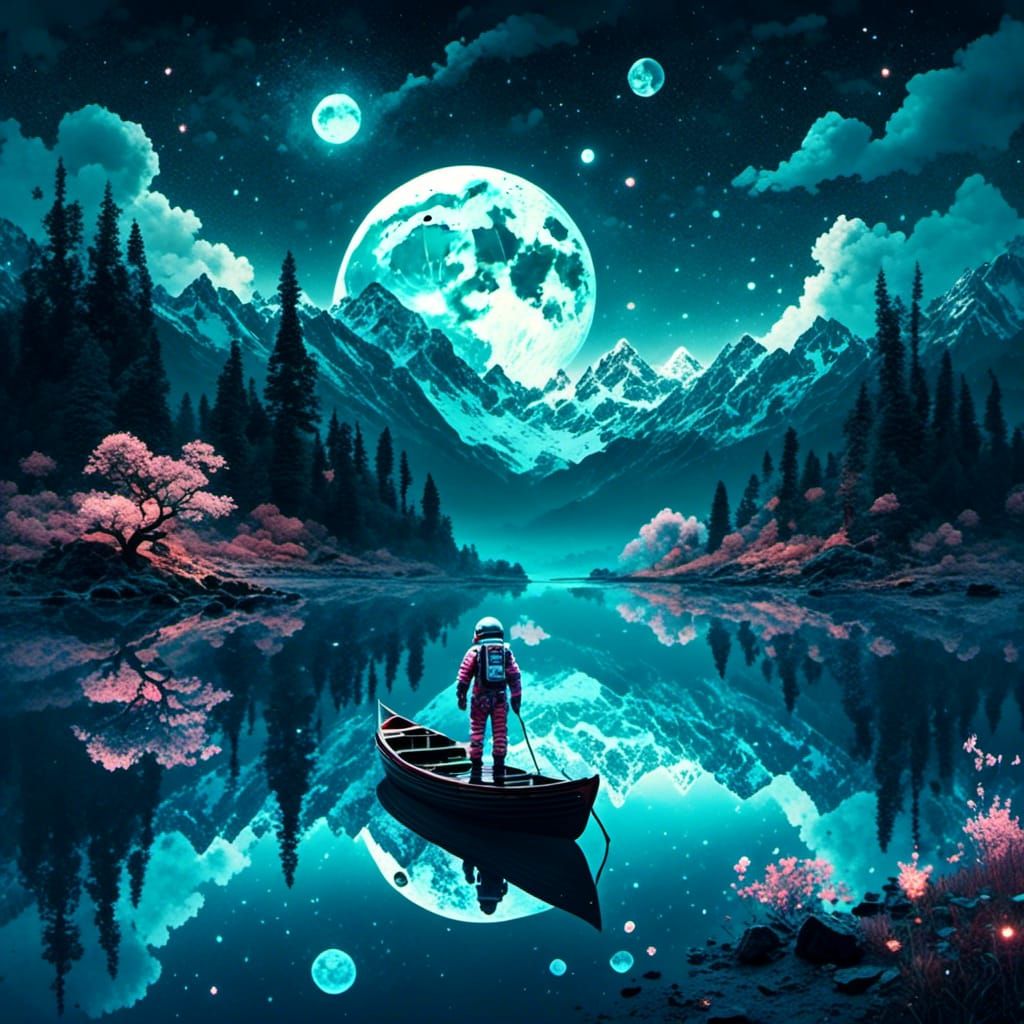 Giant Astronaut on Lake: Double Exposure Fantasy