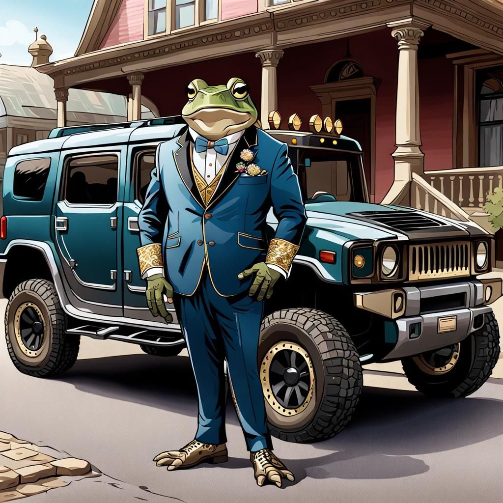Cartoon Toad with Hummer SUV in Victorian Style