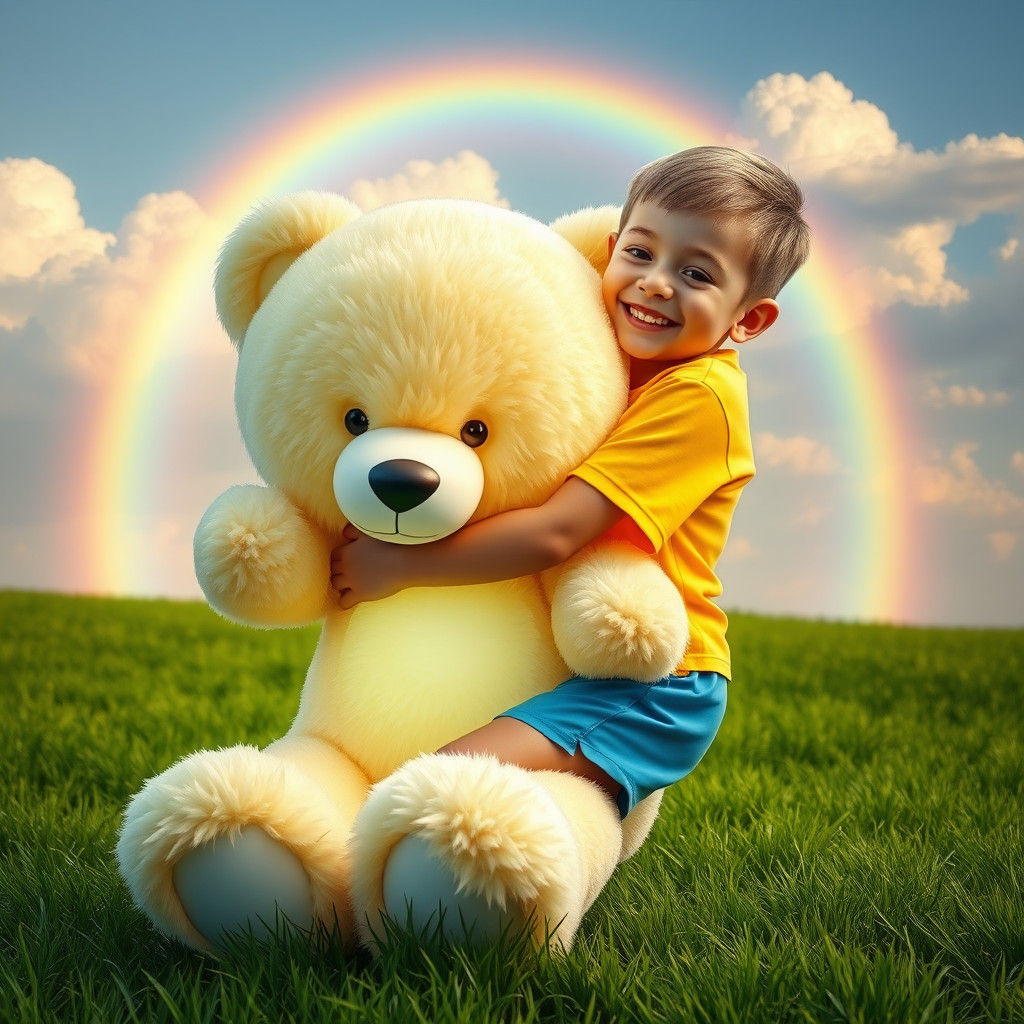 Boy with Luminous Teddy Bear in Dreamy Landscape