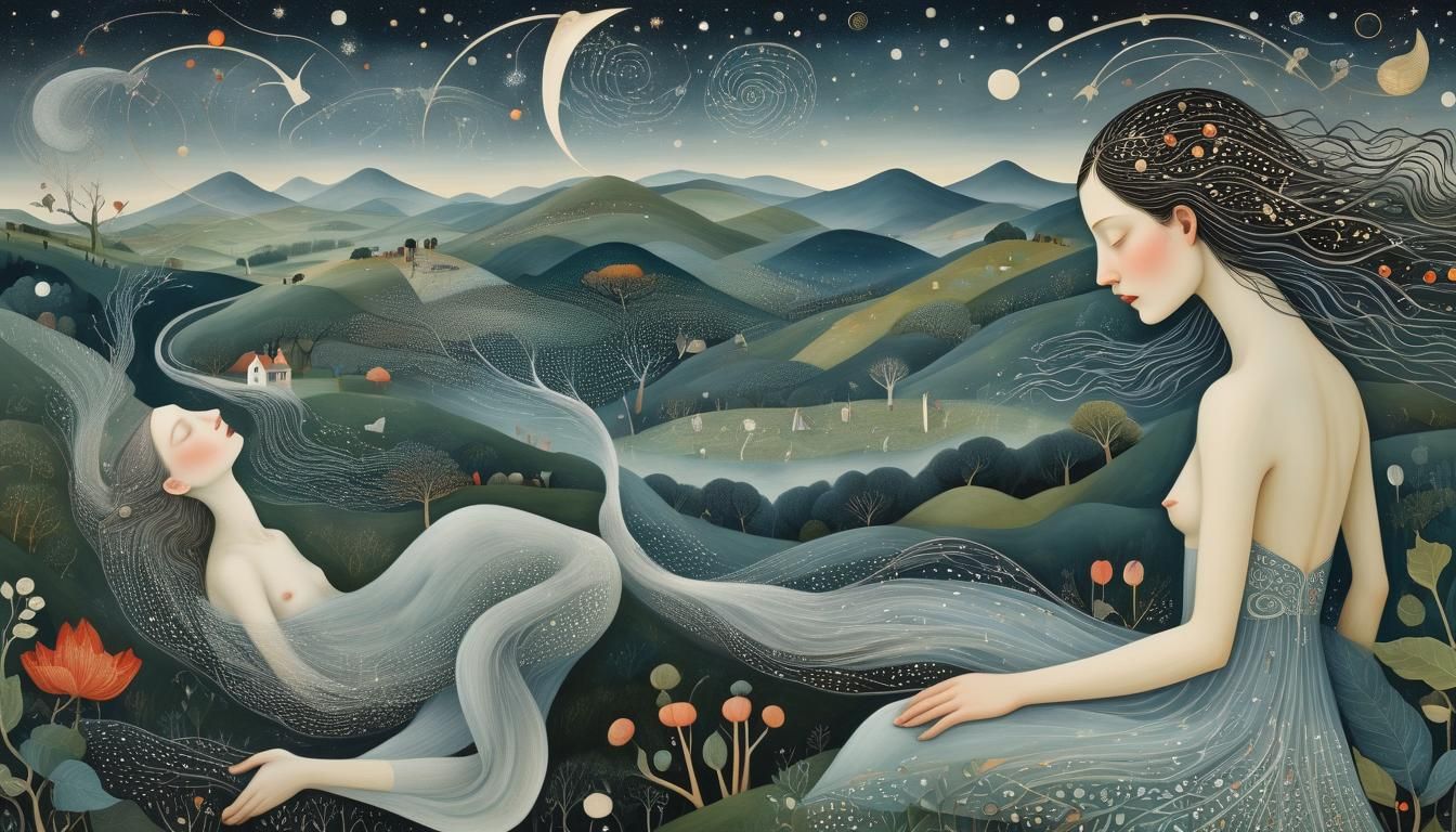 Ethereal Mindscape: Intertwined Figures in Surreal Landscape