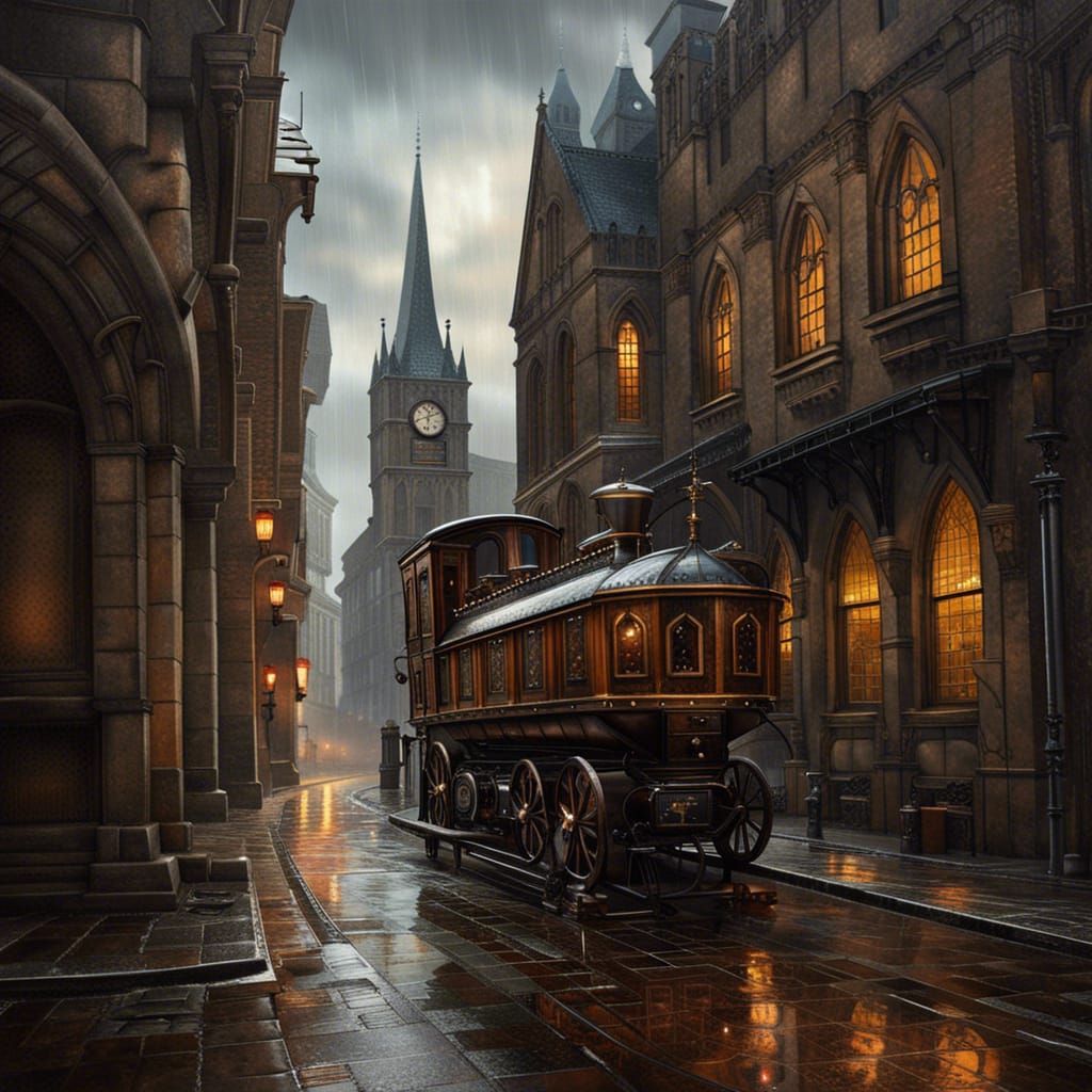 Gothic Church in Rainy Steampunk City, Oil Painting