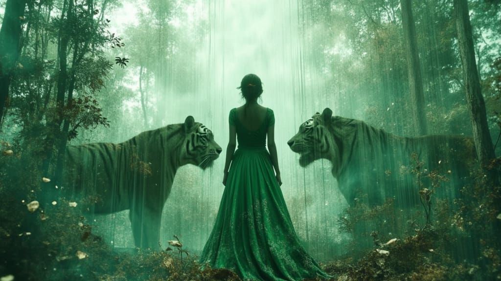 Dark Fantasy Woman with Green Tigers in Ethereal Garden