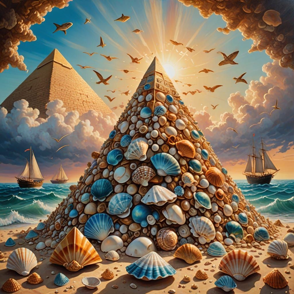 Seashell Pyramid Towers Over Ocean Ships