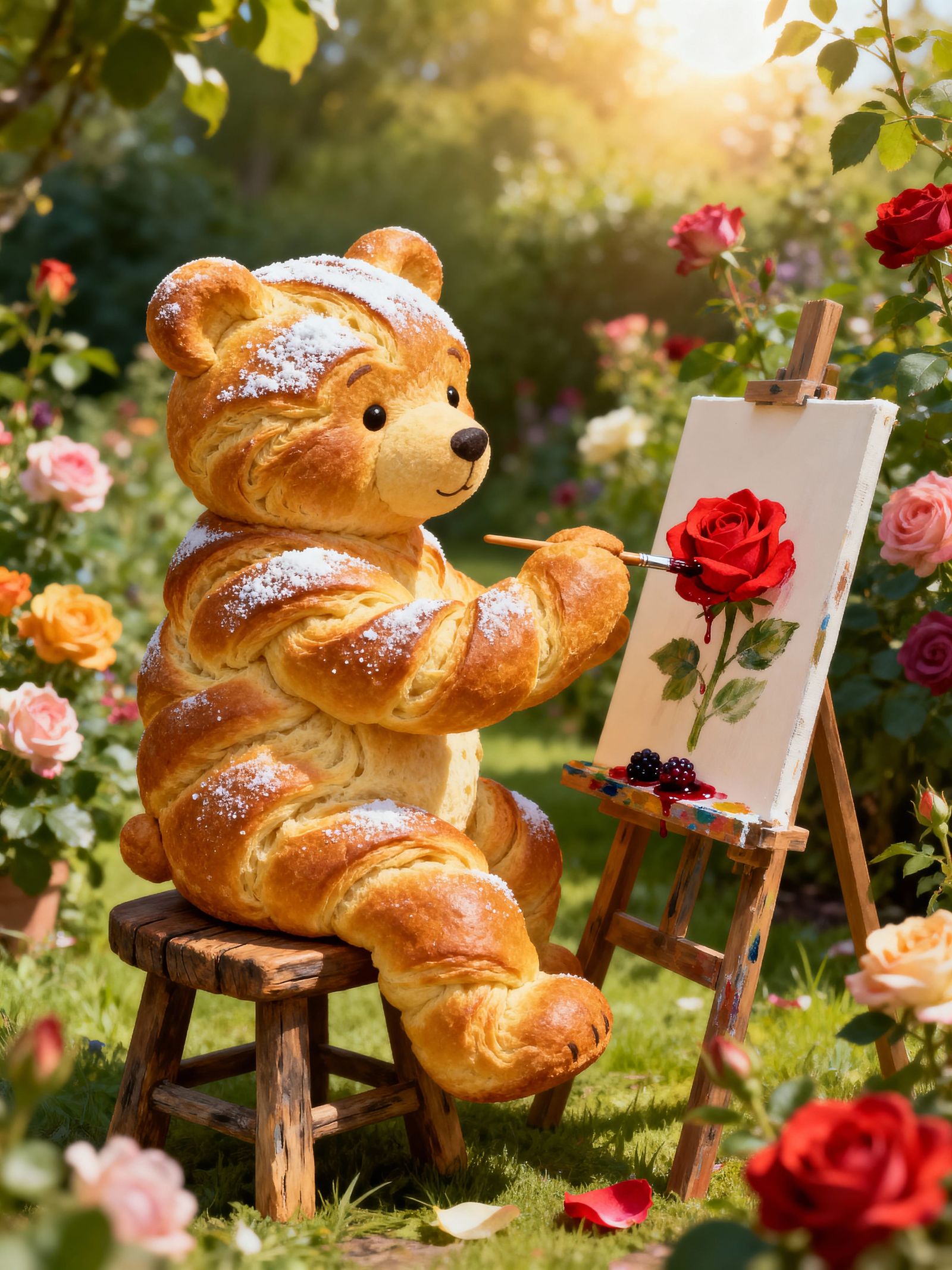 Brioche Bear Paints Roses in Enchanting Garden