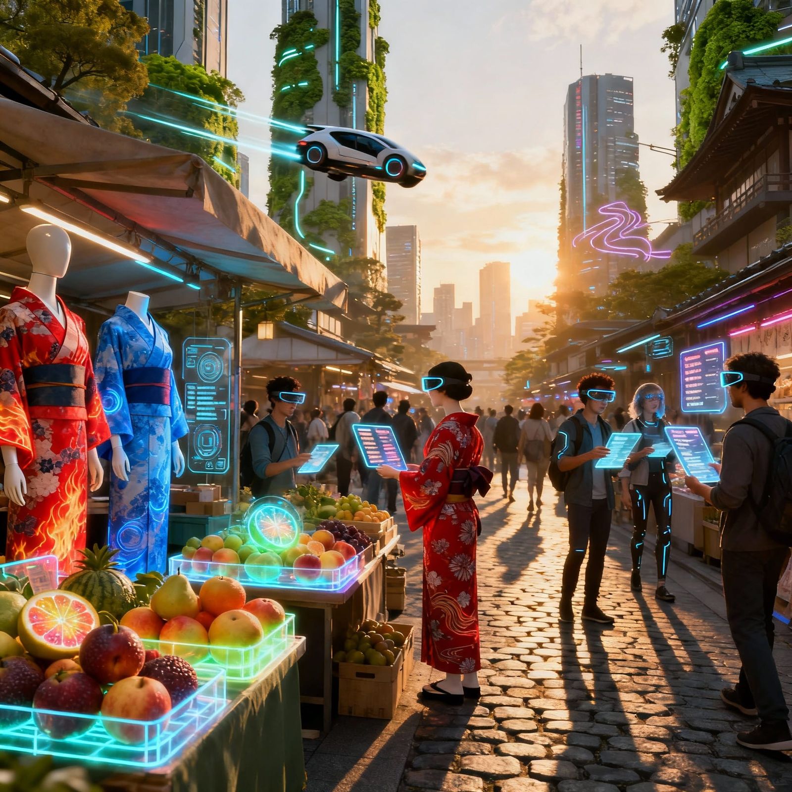 Neo-Kyoto Street Market: Future Fruits and AI Kimonos
